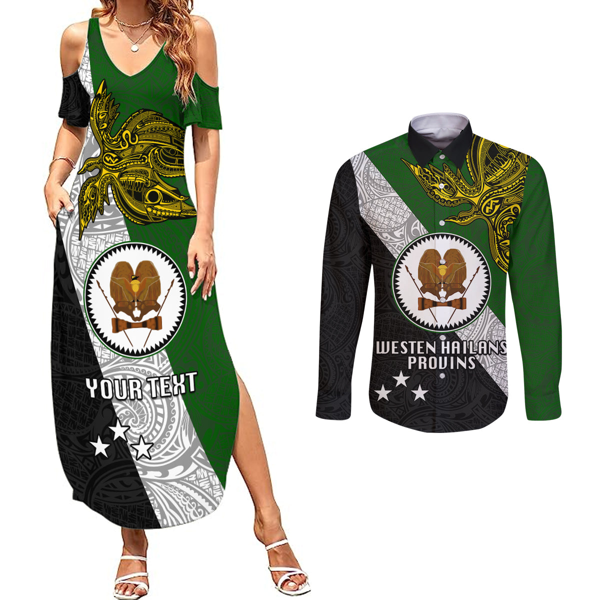 Personalised Papua New Guinea Western Highlands Province Couples Matching Summer Maxi Dress and Long Sleeve Button Shirts PNG Birds Of Paradise Polynesian Arty Style LT03 Green - Polynesian Pride
