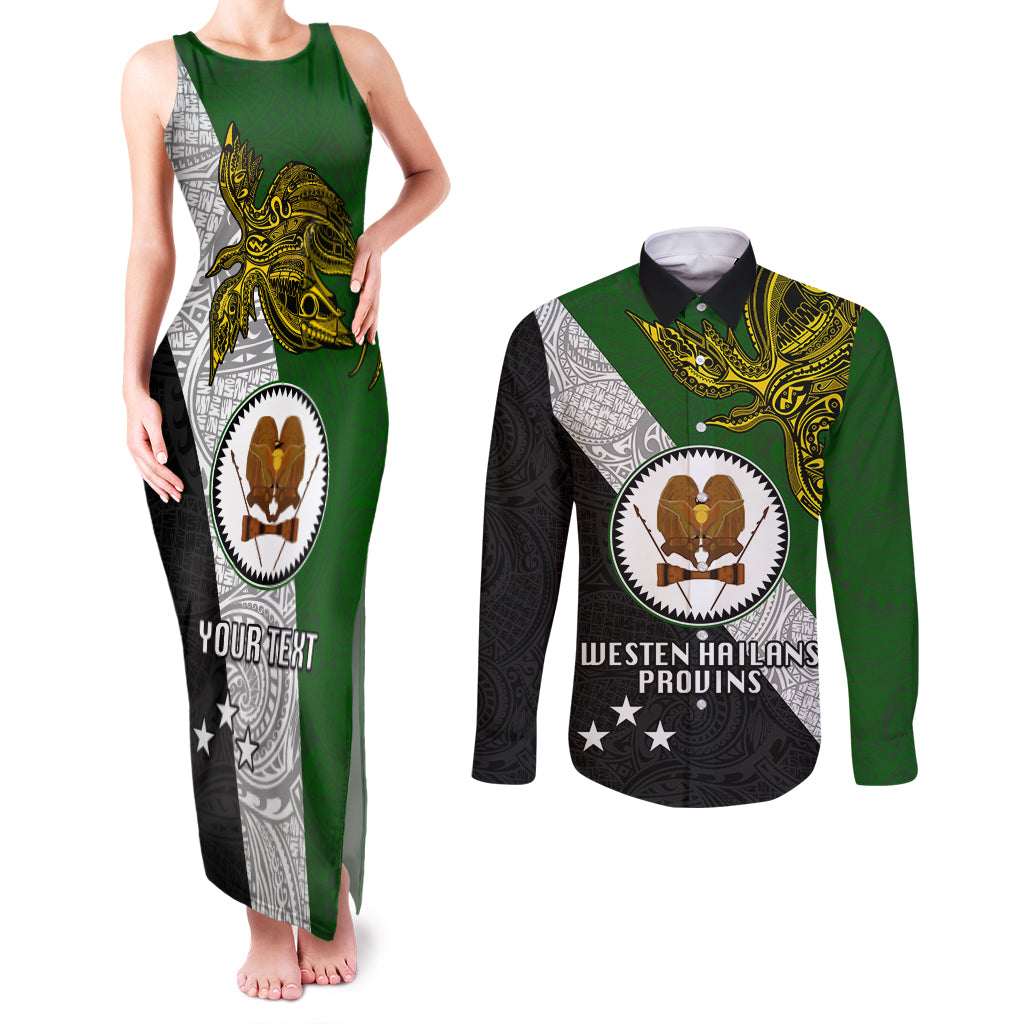 Personalised Papua New Guinea Western Highlands Province Couples Matching Tank Maxi Dress and Long Sleeve Button Shirts PNG Birds Of Paradise Polynesian Arty Style LT03 Green - Polynesian Pride