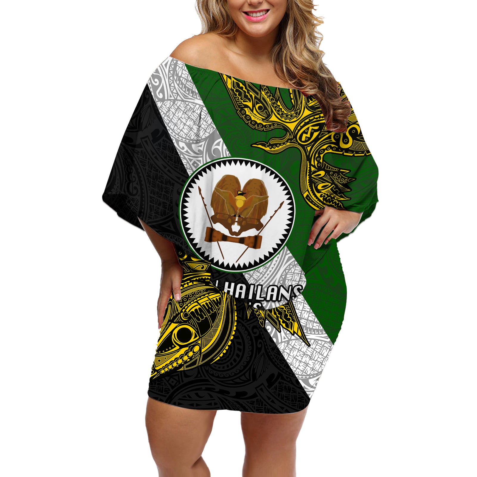 Personalised Papua New Guinea Western Highlands Province Off Shoulder Short Dress PNG Birds Of Paradise Polynesian Arty Style LT03 Women Green - Polynesian Pride