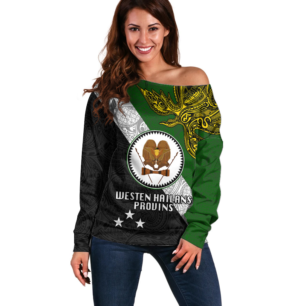 Personalised Papua New Guinea Western Highlands Province Off Shoulder Sweater PNG Birds Of Paradise Polynesian Arty Style LT03 Women Green - Polynesian Pride