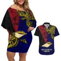 Papua New Guinea West New Britain Province Couples Matching Off Shoulder Short Dress and Hawaiian Shirt PNG Birds Of Paradise Polynesian Arty Style LT03 Blue - Polynesian Pride