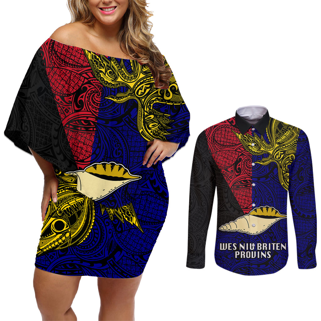 Papua New Guinea West New Britain Province Couples Matching Off Shoulder Short Dress and Long Sleeve Button Shirts PNG Birds Of Paradise Polynesian Arty Style LT03 Blue - Polynesian Pride