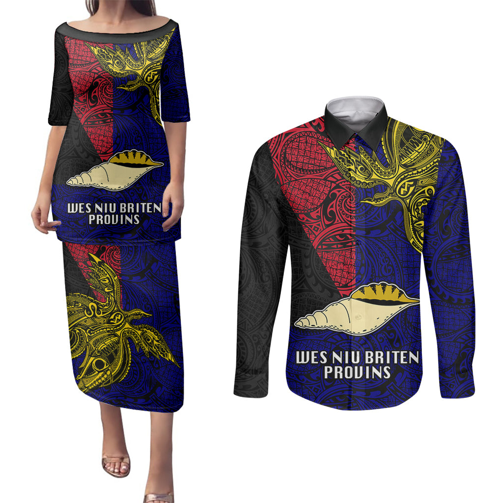 Papua New Guinea West New Britain Province Couples Matching Puletasi Dress and Long Sleeve Button Shirts PNG Birds Of Paradise Polynesian Arty Style LT03 Blue - Polynesian Pride