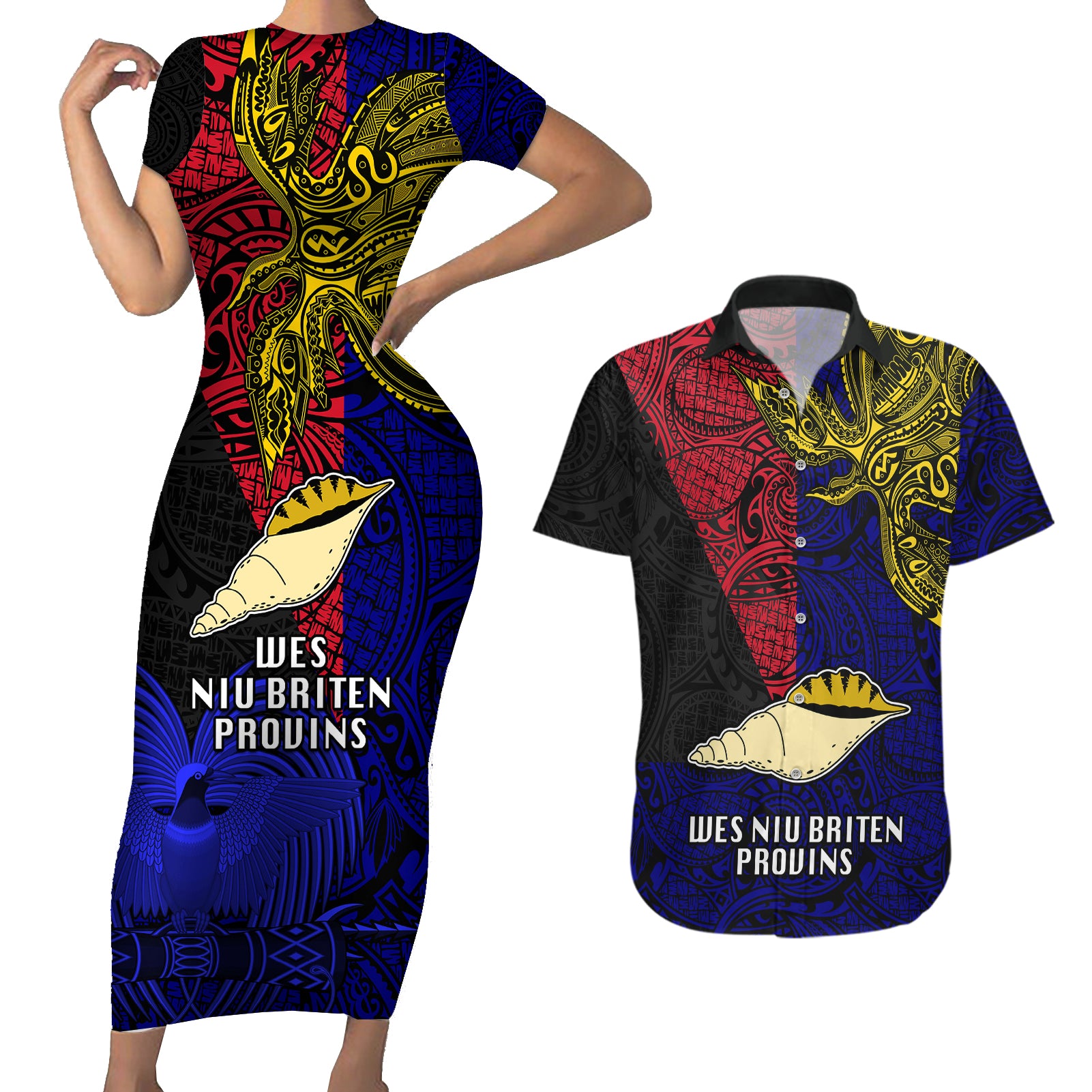 Papua New Guinea West New Britain Province Couples Matching Short Sleeve Bodycon Dress and Hawaiian Shirt PNG Birds Of Paradise Polynesian Arty Style LT03 Blue - Polynesian Pride