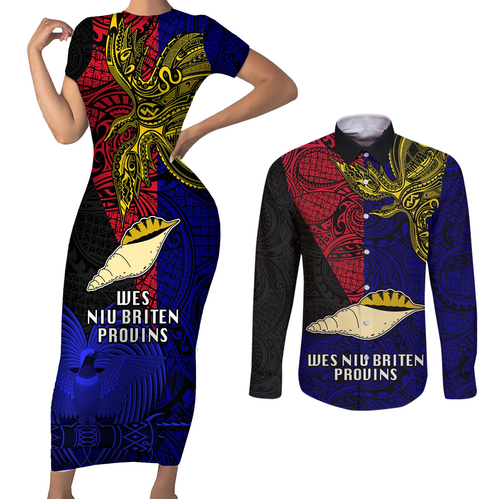 Papua New Guinea West New Britain Province Couples Matching Short Sleeve Bodycon Dress and Long Sleeve Button Shirts PNG Birds Of Paradise Polynesian Arty Style LT03 Blue - Polynesian Pride