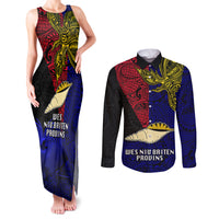 Papua New Guinea West New Britain Province Couples Matching Tank Maxi Dress and Long Sleeve Button Shirts PNG Birds Of Paradise Polynesian Arty Style LT03 Blue - Polynesian Pride