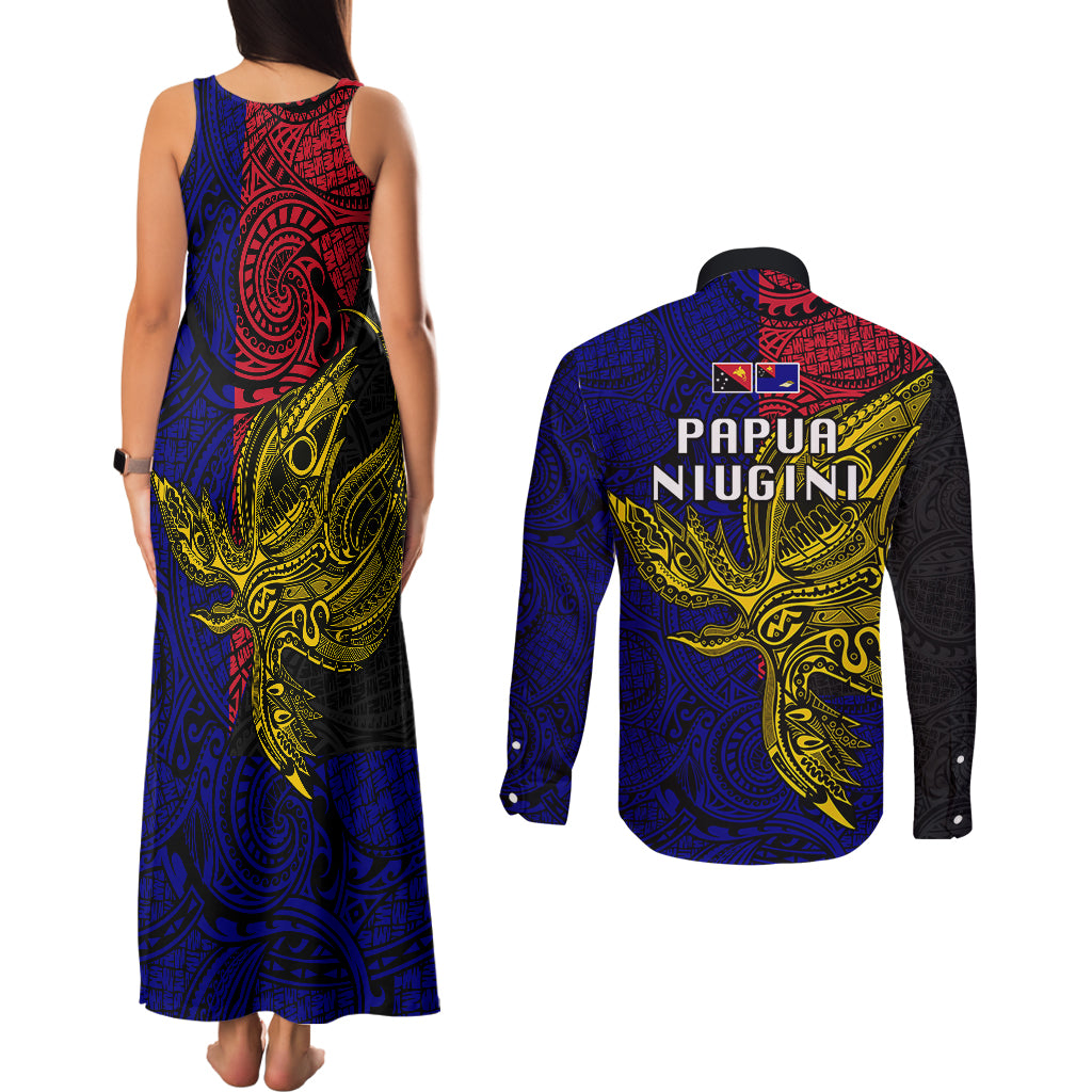 Papua New Guinea West New Britain Province Couples Matching Tank Maxi Dress and Long Sleeve Button Shirts PNG Birds Of Paradise Polynesian Arty Style LT03 - Polynesian Pride