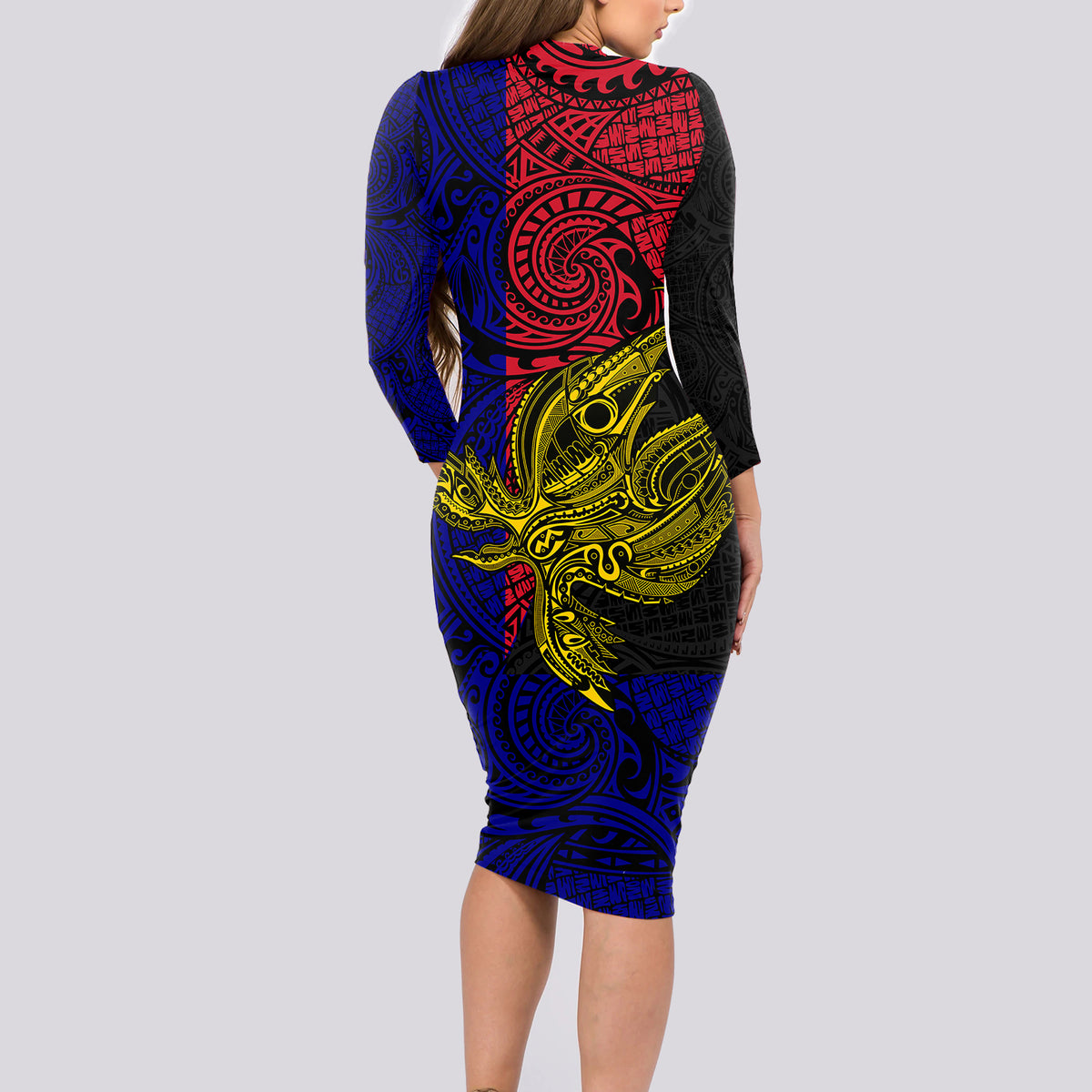 Papua New Guinea West New Britain Province Long Sleeve Bodycon Dress PNG Birds Of Paradise Polynesian Arty Style LT03 - Polynesian Pride