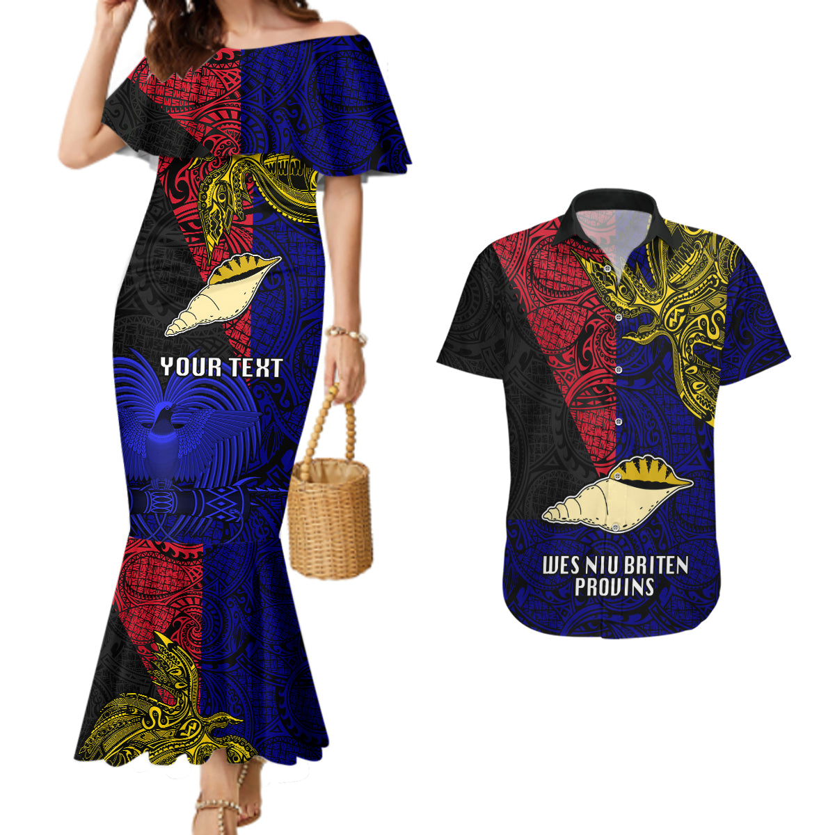 Personalised Papua New Guinea West New Britain Province Couples Matching Mermaid Dress and Hawaiian Shirt PNG Birds Of Paradise Polynesian Arty Style LT03 Blue - Polynesian Pride