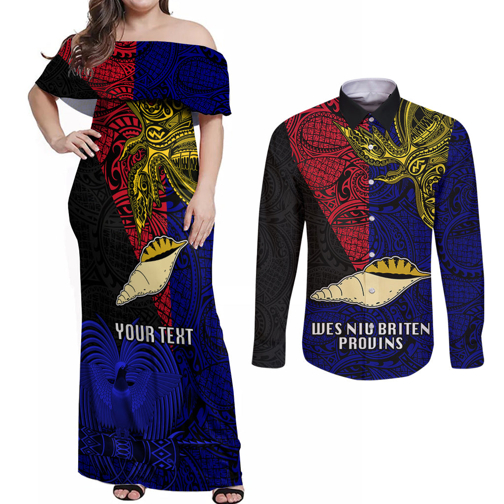 Personalised Papua New Guinea West New Britain Province Couples Matching Off Shoulder Maxi Dress and Long Sleeve Button Shirts PNG Birds Of Paradise Polynesian Arty Style LT03 Blue - Polynesian Pride