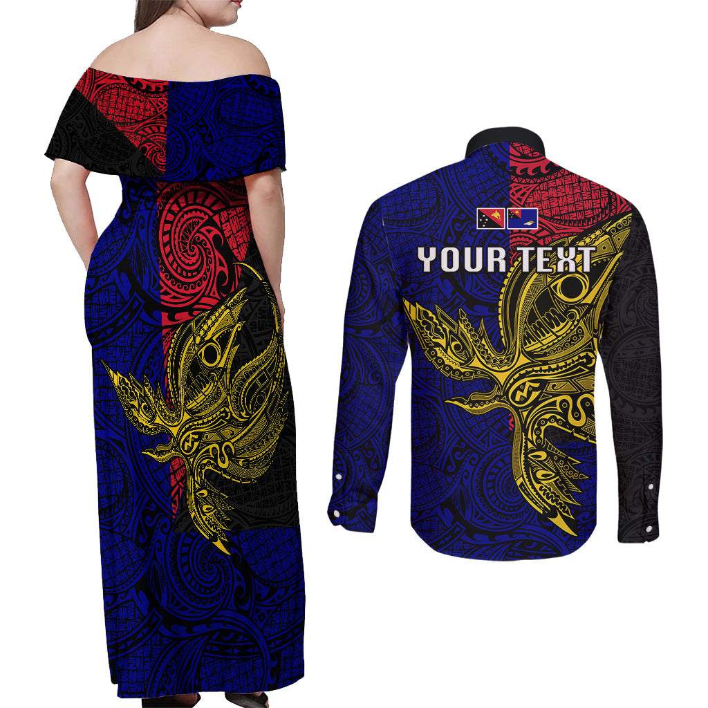 Personalised Papua New Guinea West New Britain Province Couples Matching Off Shoulder Maxi Dress and Long Sleeve Button Shirts PNG Birds Of Paradise Polynesian Arty Style LT03 - Polynesian Pride