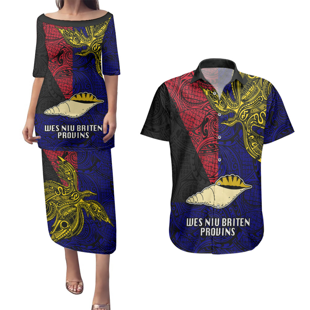 Personalised Papua New Guinea West New Britain Province Couples Matching Puletasi Dress and Hawaiian Shirt PNG Birds Of Paradise Polynesian Arty Style LT03 Blue - Polynesian Pride