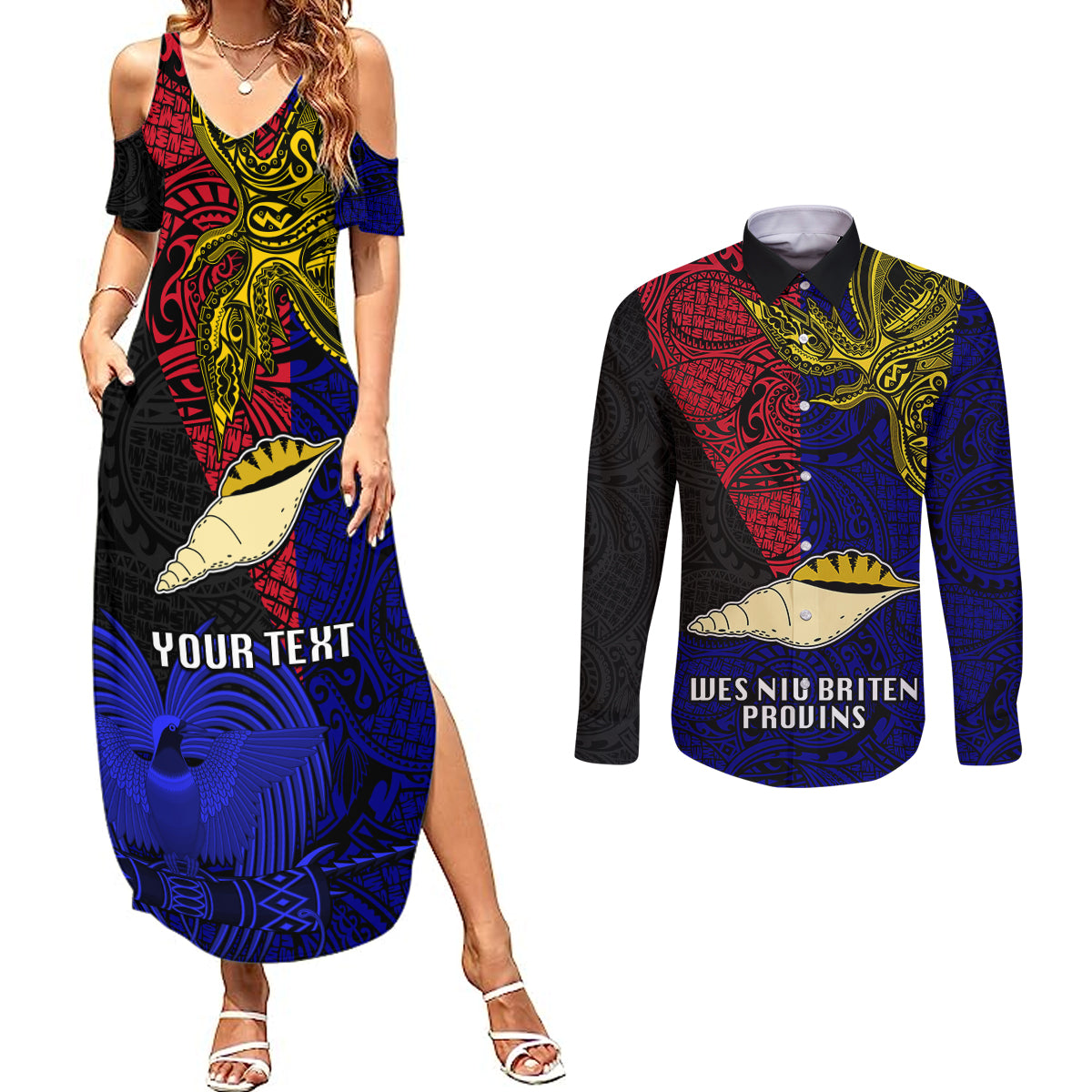 Personalised Papua New Guinea West New Britain Province Couples Matching Summer Maxi Dress and Long Sleeve Button Shirts PNG Birds Of Paradise Polynesian Arty Style LT03 Blue - Polynesian Pride