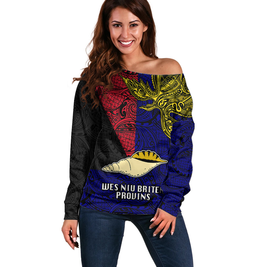 Personalised Papua New Guinea West New Britain Province Off Shoulder Sweater PNG Birds Of Paradise Polynesian Arty Style LT03 Women Blue - Polynesian Pride