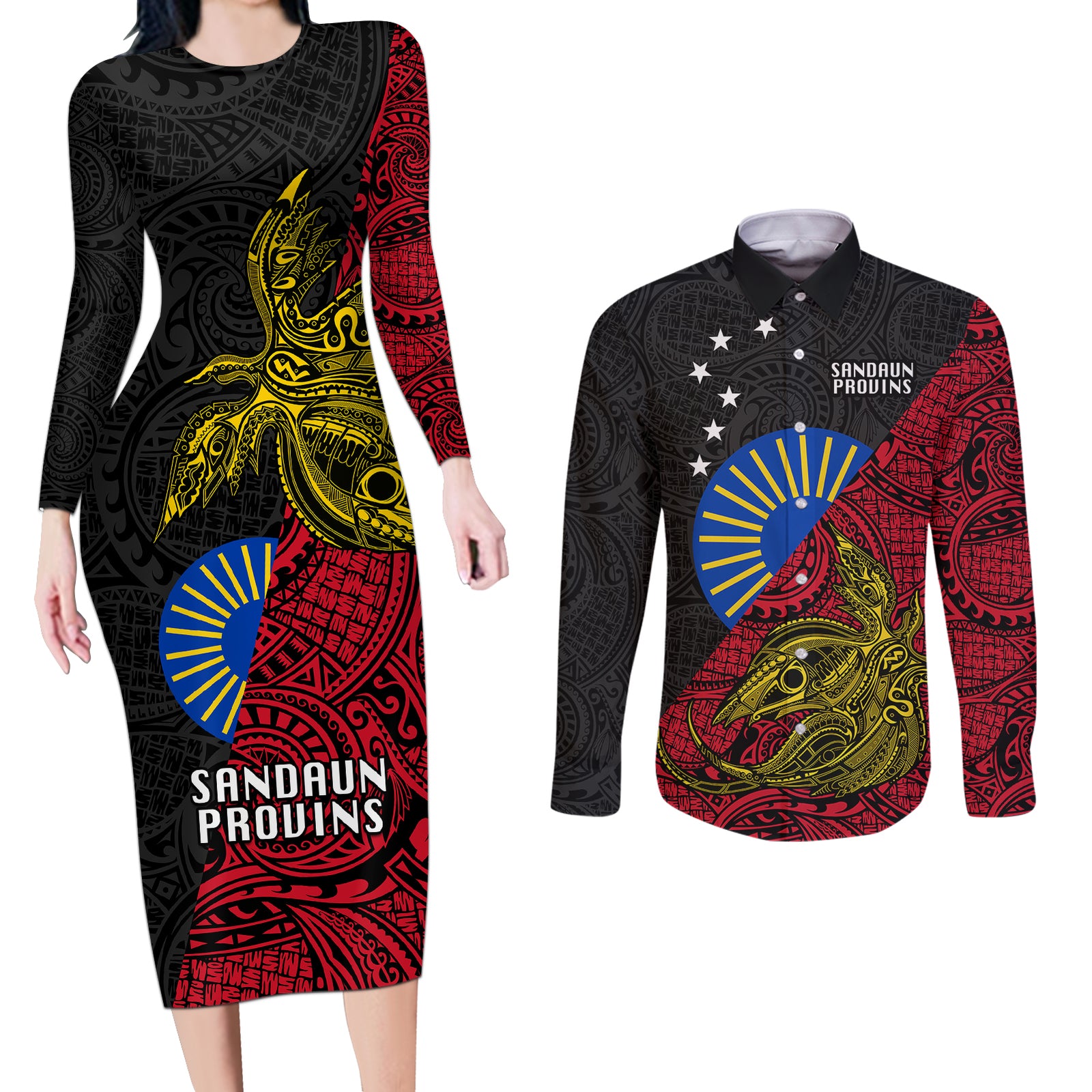 Papua New Guinea Sandaun Province Couples Matching Long Sleeve Bodycon Dress and Long Sleeve Button Shirts PNG Birds Of Paradise Polynesian Arty Style LT03 Red - Polynesian Pride