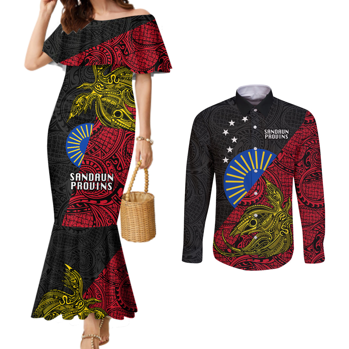 Papua New Guinea Sandaun Province Couples Matching Mermaid Dress and Long Sleeve Button Shirts PNG Birds Of Paradise Polynesian Arty Style LT03 Red - Polynesian Pride