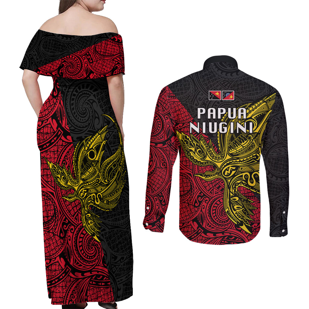 Papua New Guinea Sandaun Province Couples Matching Off Shoulder Maxi Dress and Long Sleeve Button Shirts PNG Birds Of Paradise Polynesian Arty Style LT03 - Polynesian Pride