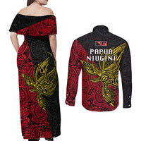 Papua New Guinea Sandaun Province Couples Matching Off Shoulder Maxi Dress and Long Sleeve Button Shirts PNG Birds Of Paradise Polynesian Arty Style LT03 - Polynesian Pride