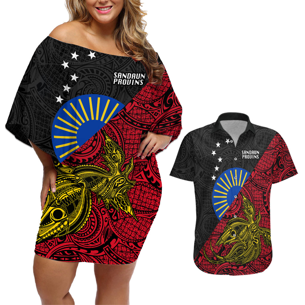Papua New Guinea Sandaun Province Couples Matching Off Shoulder Short Dress and Hawaiian Shirt PNG Birds Of Paradise Polynesian Arty Style LT03 Red - Polynesian Pride