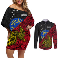 Papua New Guinea Sandaun Province Couples Matching Off Shoulder Short Dress and Long Sleeve Button Shirts PNG Birds Of Paradise Polynesian Arty Style LT03 Red - Polynesian Pride