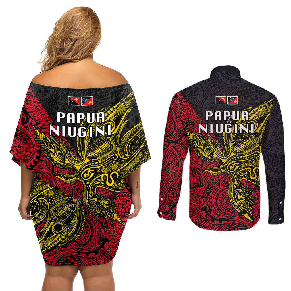 Papua New Guinea Sandaun Province Couples Matching Off Shoulder Short Dress and Long Sleeve Button Shirts PNG Birds Of Paradise Polynesian Arty Style LT03 - Polynesian Pride