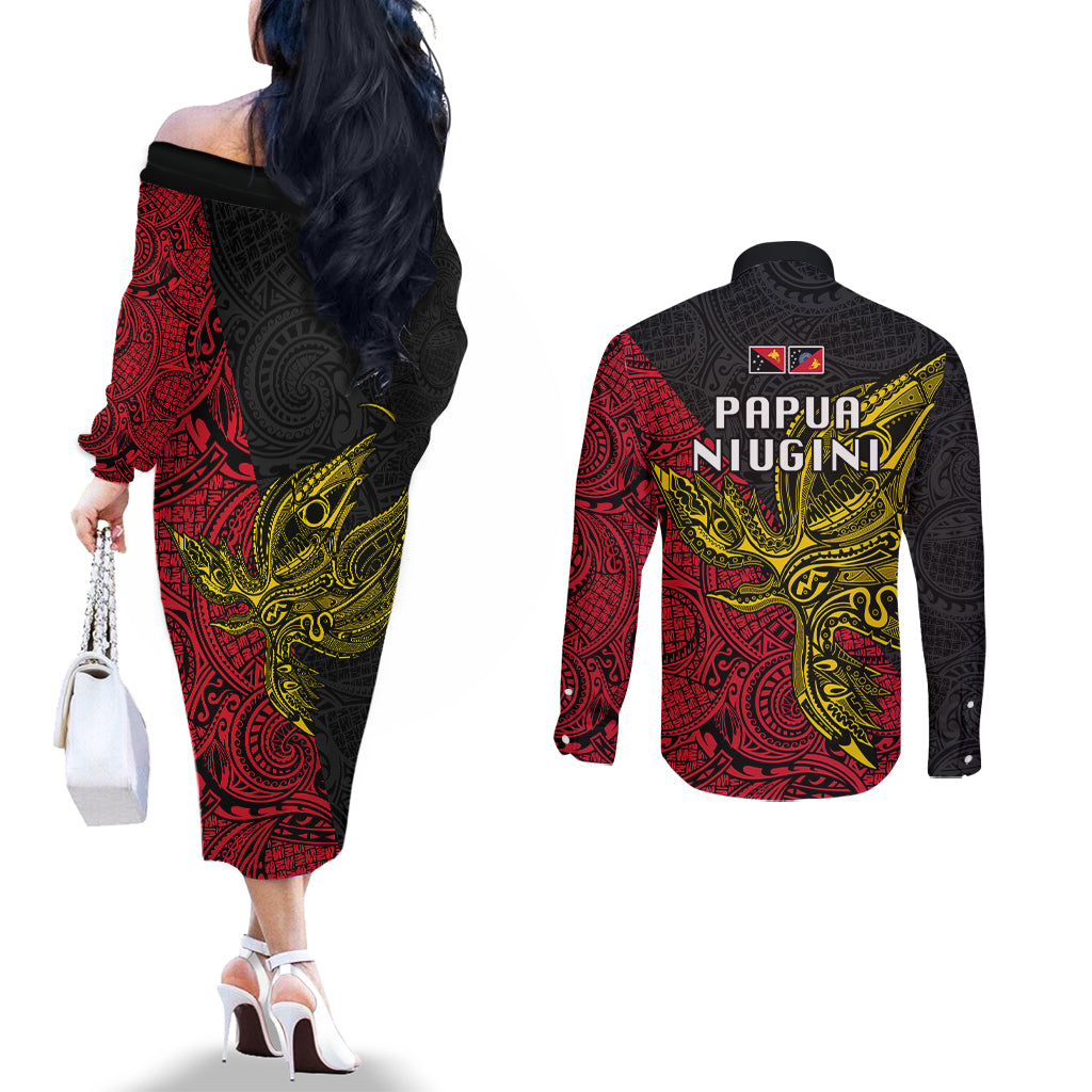 Papua New Guinea Sandaun Province Couples Matching Off The Shoulder Long Sleeve Dress and Long Sleeve Button Shirts PNG Birds Of Paradise Polynesian Arty Style LT03 - Polynesian Pride