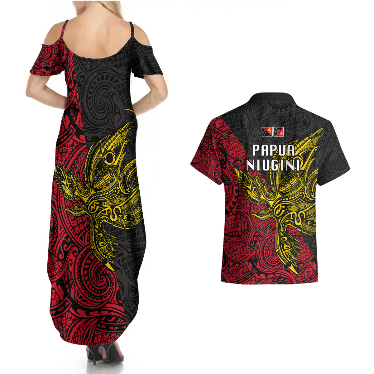 Papua New Guinea Sandaun Province Couples Matching Summer Maxi Dress and Hawaiian Shirt PNG Birds Of Paradise Polynesian Arty Style LT03 - Polynesian Pride