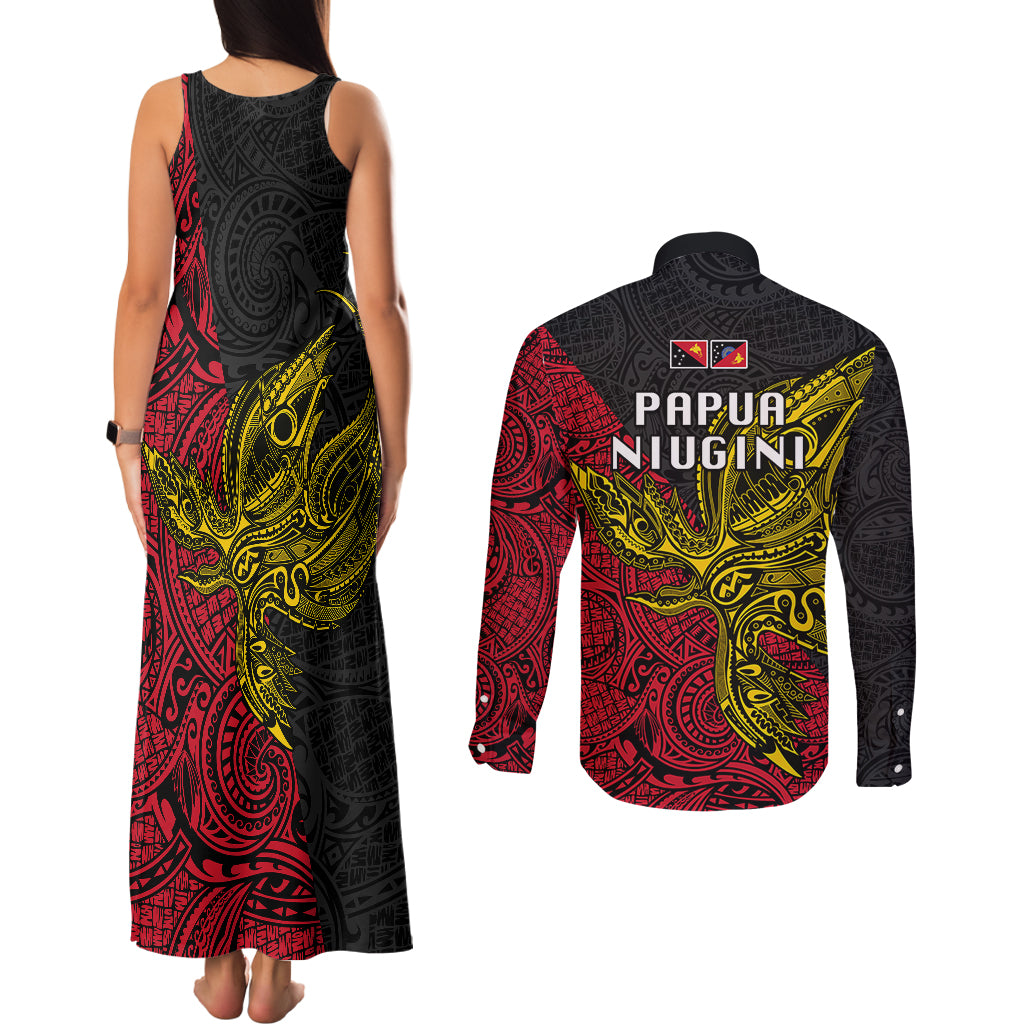 Papua New Guinea Sandaun Province Couples Matching Tank Maxi Dress and Long Sleeve Button Shirts PNG Birds Of Paradise Polynesian Arty Style LT03 - Polynesian Pride