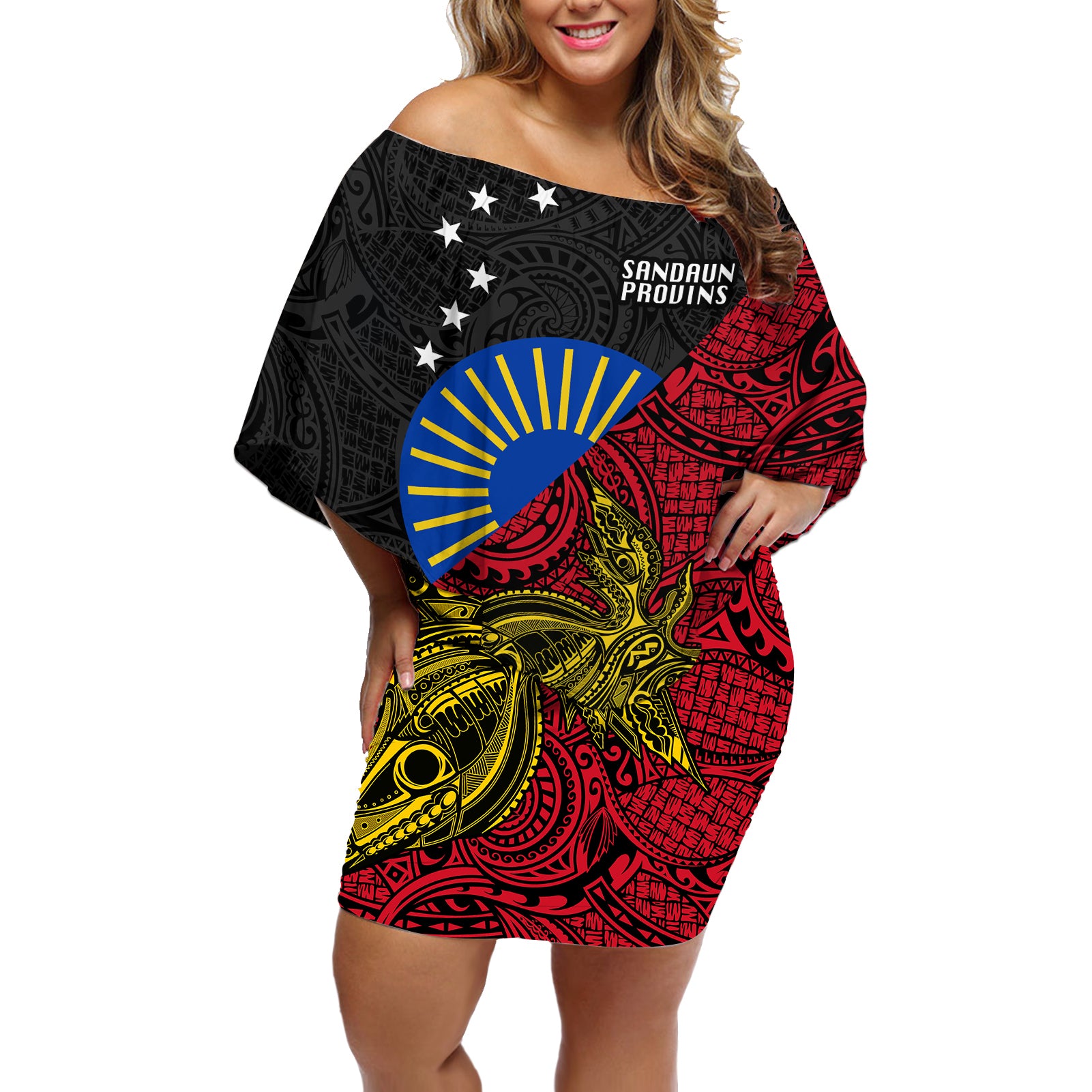 Papua New Guinea Sandaun Province Off Shoulder Short Dress PNG Birds Of Paradise Polynesian Arty Style LT03 Women Red - Polynesian Pride