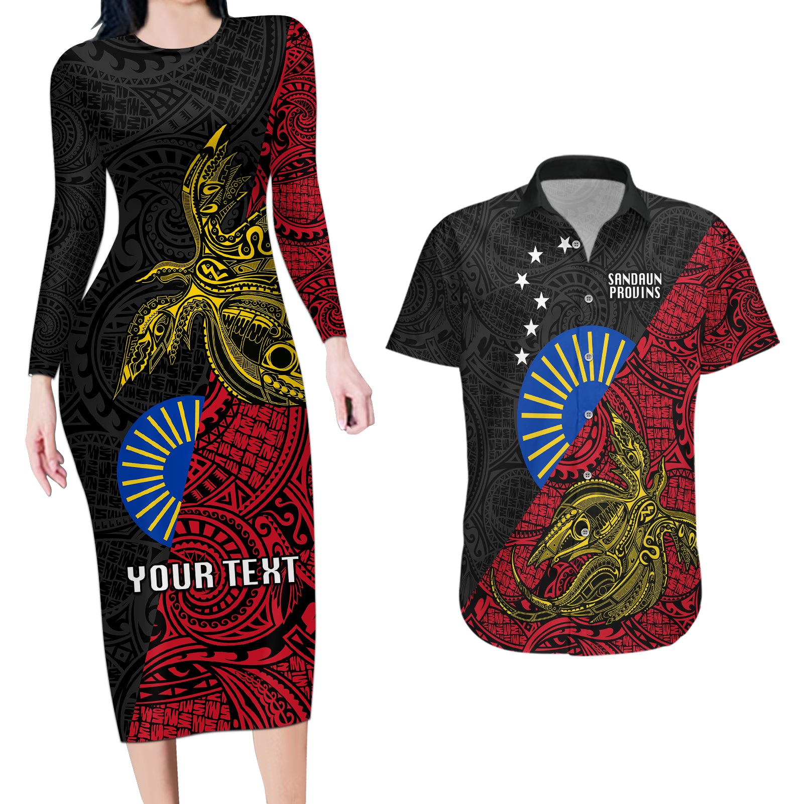 Personalised Papua New Guinea Sandaun Province Couples Matching Long Sleeve Bodycon Dress and Hawaiian Shirt PNG Birds Of Paradise Polynesian Arty Style LT03 Red - Polynesian Pride