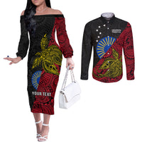 Personalised Papua New Guinea Sandaun Province Couples Matching Off The Shoulder Long Sleeve Dress and Long Sleeve Button Shirts PNG Birds Of Paradise Polynesian Arty Style LT03 Red - Polynesian Pride