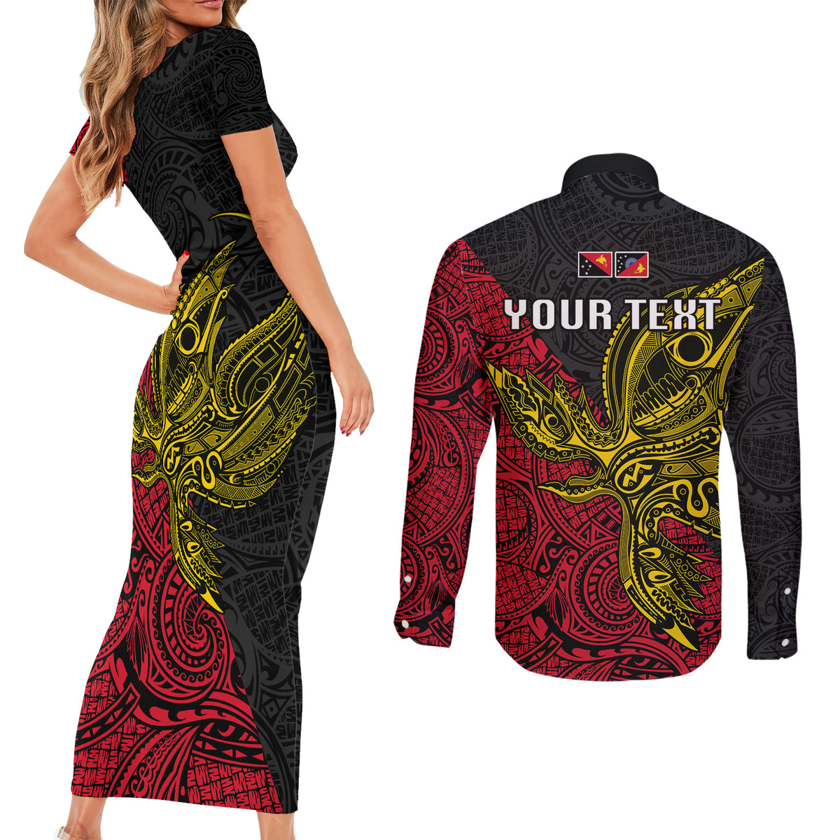 Personalised Papua New Guinea Sandaun Province Couples Matching Short Sleeve Bodycon Dress and Long Sleeve Button Shirts PNG Birds Of Paradise Polynesian Arty Style LT03 - Polynesian Pride