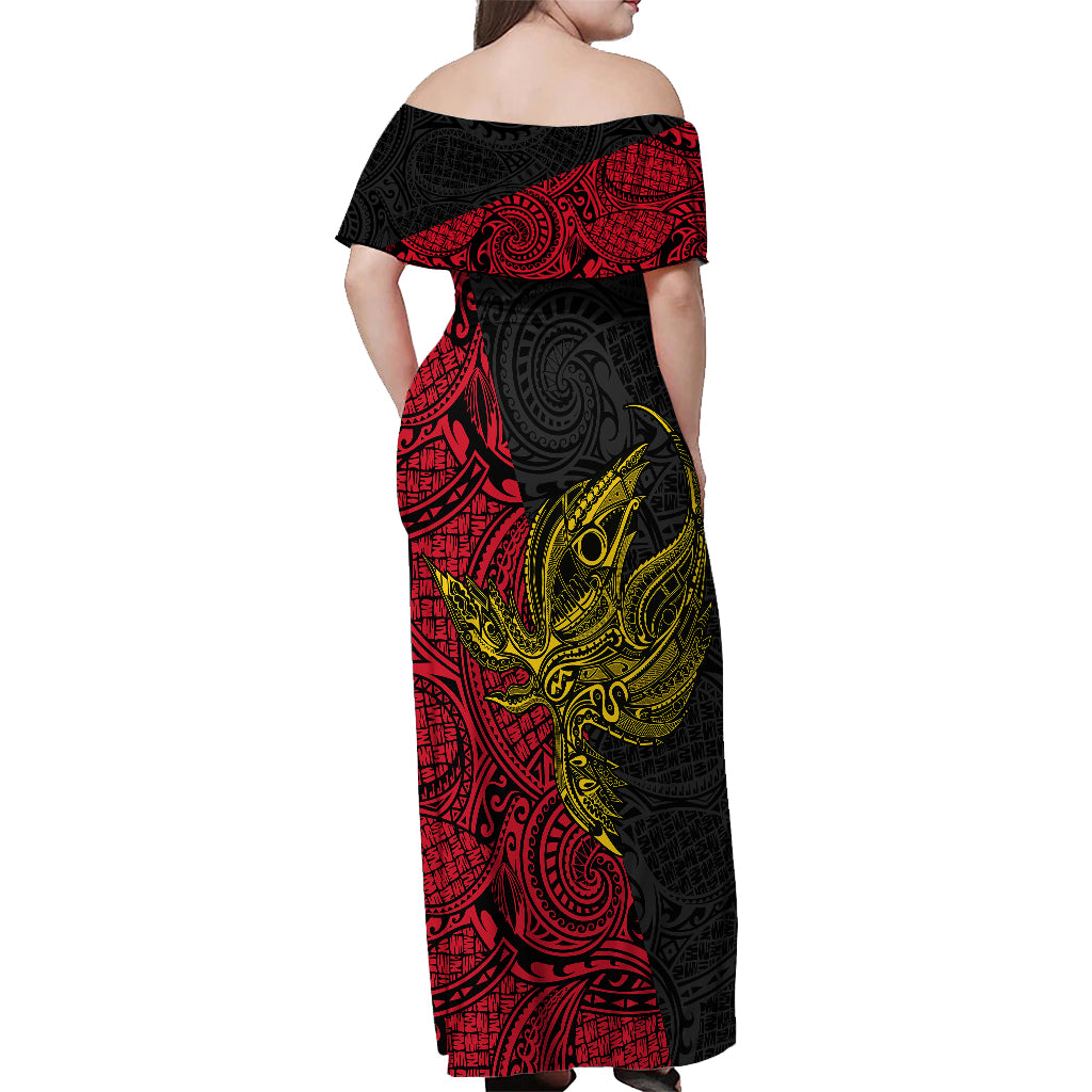 Personalised Papua New Guinea Sandaun Province Off Shoulder Maxi Dress PNG Birds Of Paradise Polynesian Arty Style LT03 - Polynesian Pride
