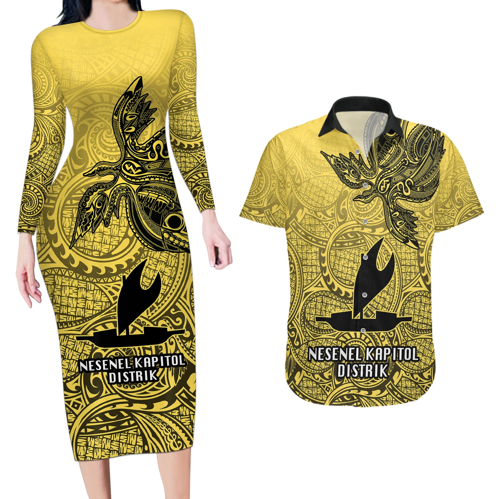 Papua New Guinea National Capital District Couples Matching Long Sleeve Bodycon Dress and Hawaiian Shirt PNG Birds Of Paradise Polynesian Arty Style LT03 Yellow - Polynesian Pride