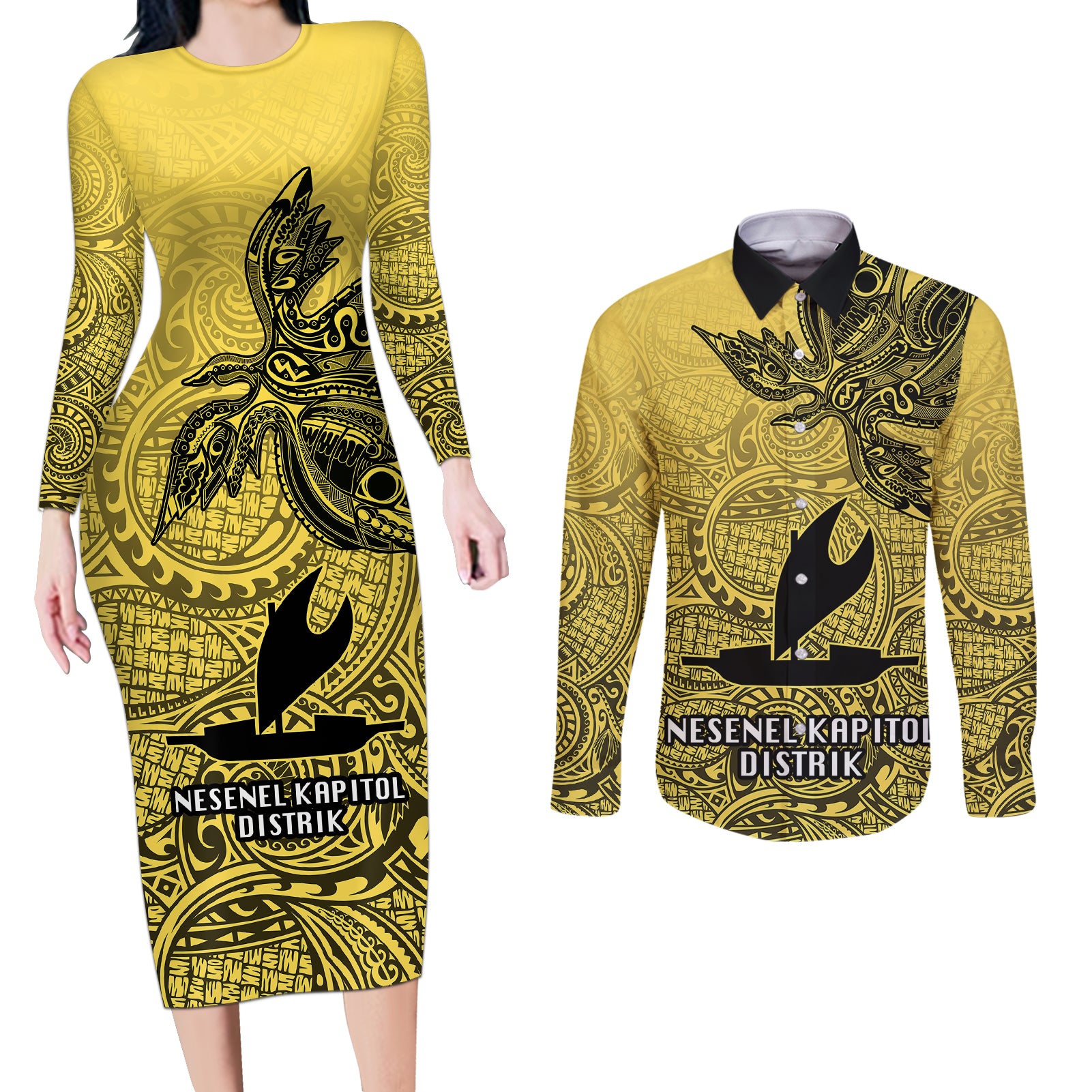 Papua New Guinea National Capital District Couples Matching Long Sleeve Bodycon Dress and Long Sleeve Button Shirts PNG Birds Of Paradise Polynesian Arty Style LT03 Yellow - Polynesian Pride