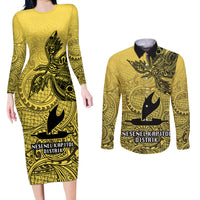 Papua New Guinea National Capital District Couples Matching Long Sleeve Bodycon Dress and Long Sleeve Button Shirts PNG Birds Of Paradise Polynesian Arty Style LT03 Yellow - Polynesian Pride