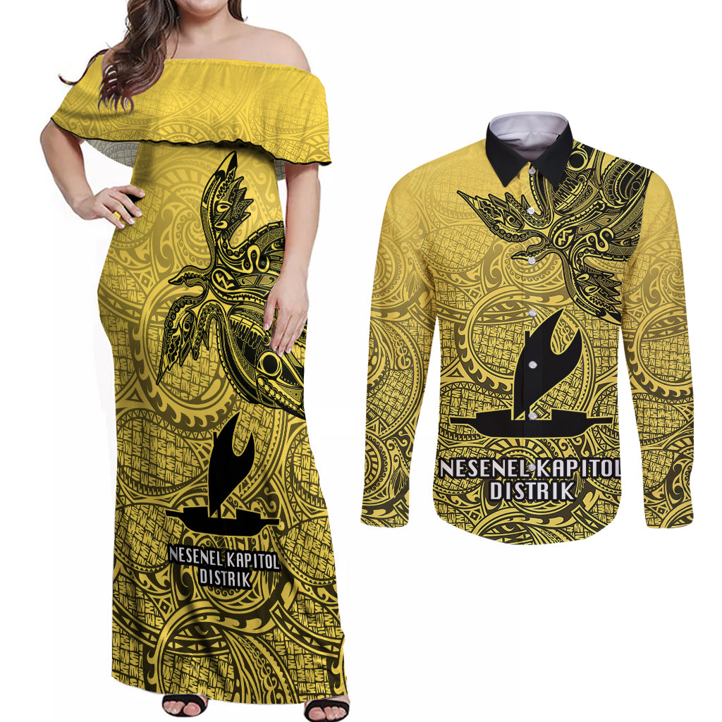 Papua New Guinea National Capital District Couples Matching Off Shoulder Maxi Dress and Long Sleeve Button Shirts PNG Birds Of Paradise Polynesian Arty Style LT03 Yellow - Polynesian Pride
