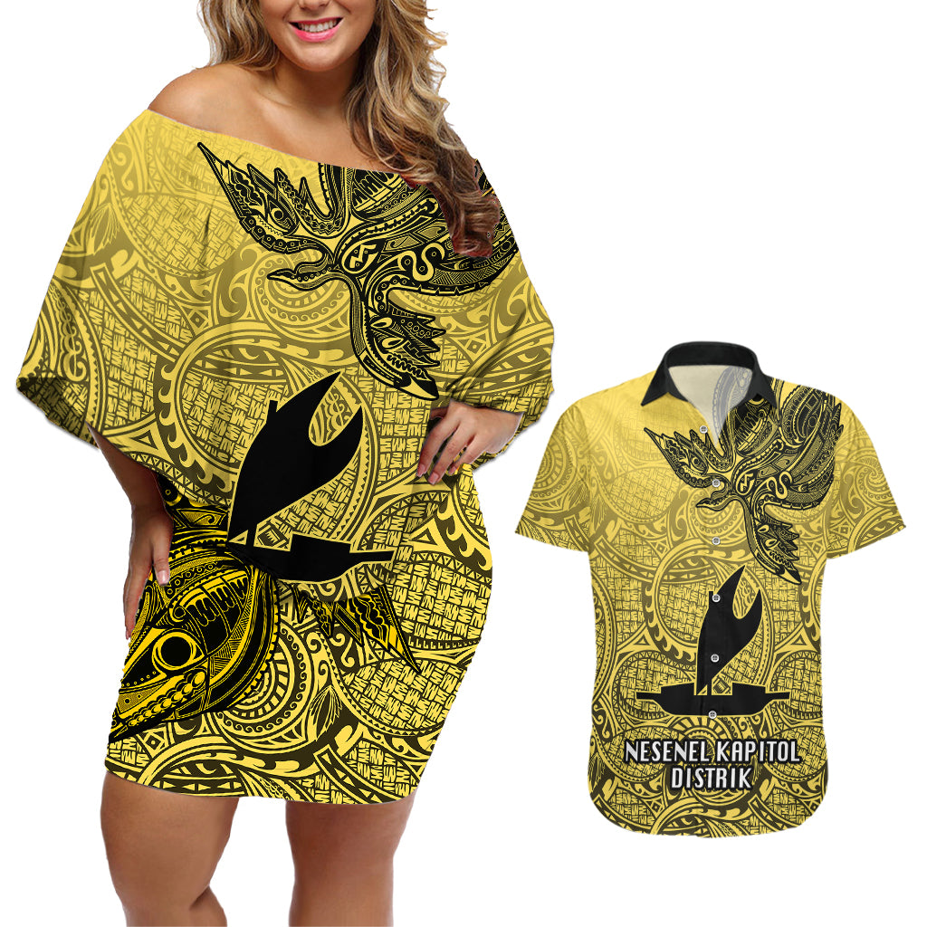 Papua New Guinea National Capital District Couples Matching Off Shoulder Short Dress and Hawaiian Shirt PNG Birds Of Paradise Polynesian Arty Style LT03 Yellow - Polynesian Pride