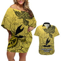 Papua New Guinea National Capital District Couples Matching Off Shoulder Short Dress and Hawaiian Shirt PNG Birds Of Paradise Polynesian Arty Style LT03 Yellow - Polynesian Pride