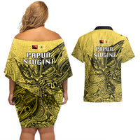 Papua New Guinea National Capital District Couples Matching Off Shoulder Short Dress and Hawaiian Shirt PNG Birds Of Paradise Polynesian Arty Style LT03 - Polynesian Pride