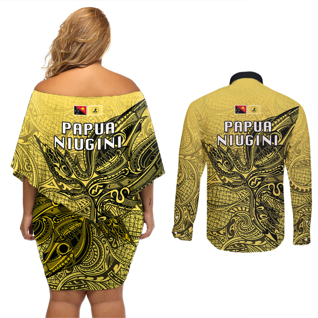 Papua New Guinea National Capital District Couples Matching Off Shoulder Short Dress and Long Sleeve Button Shirts PNG Birds Of Paradise Polynesian Arty Style LT03 - Polynesian Pride