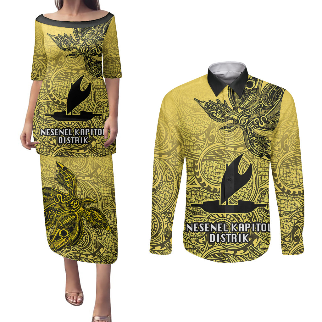 Papua New Guinea National Capital District Couples Matching Puletasi Dress and Long Sleeve Button Shirts PNG Birds Of Paradise Polynesian Arty Style LT03 Yellow - Polynesian Pride