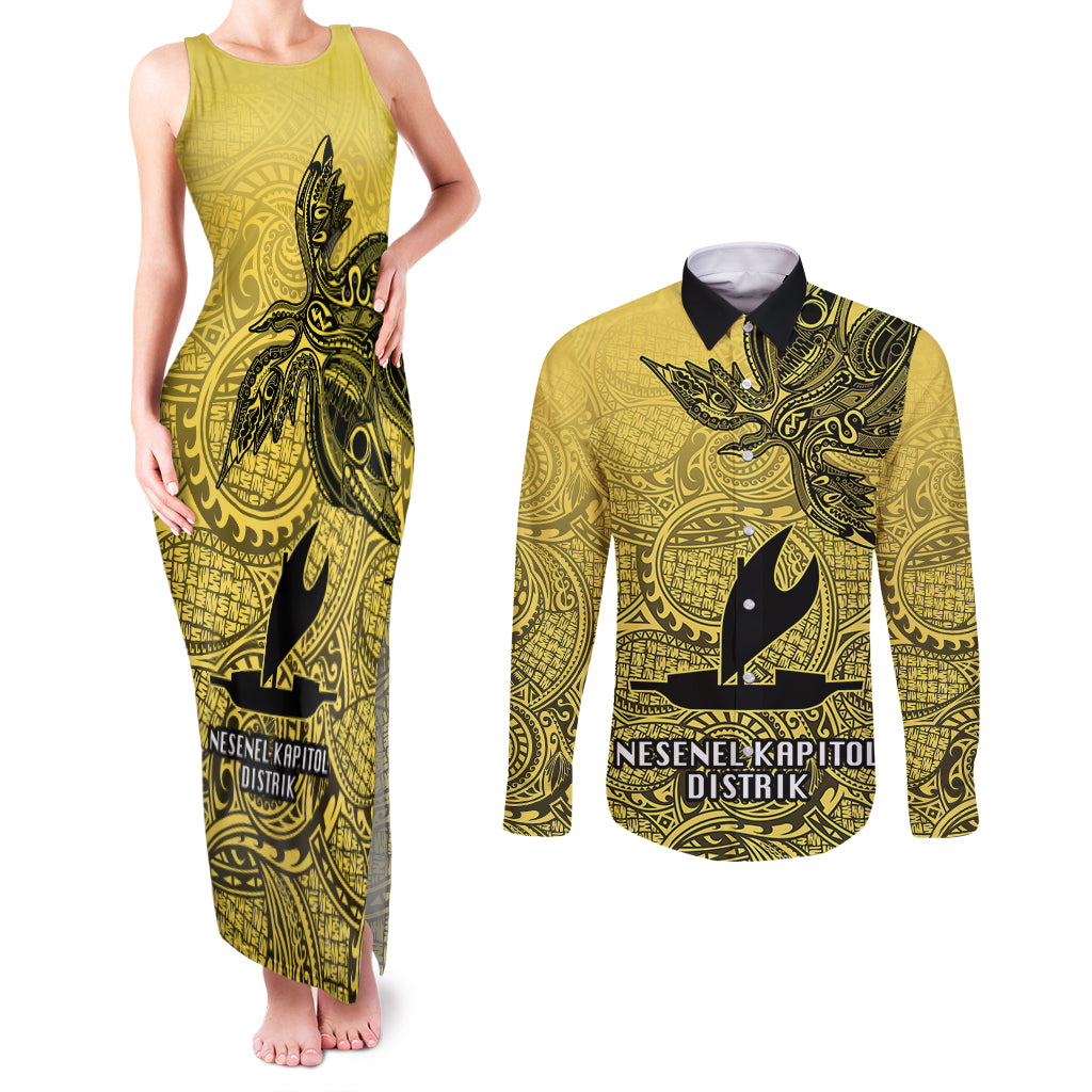 Papua New Guinea National Capital District Couples Matching Tank Maxi Dress and Long Sleeve Button Shirts PNG Birds Of Paradise Polynesian Arty Style LT03 Yellow - Polynesian Pride