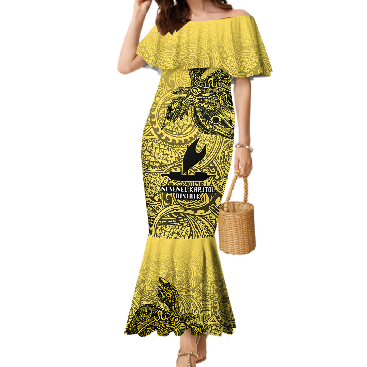 Papua New Guinea National Capital District Mermaid Dress PNG Birds Of Paradise Polynesian Arty Style LT03 Women Yellow - Polynesian Pride