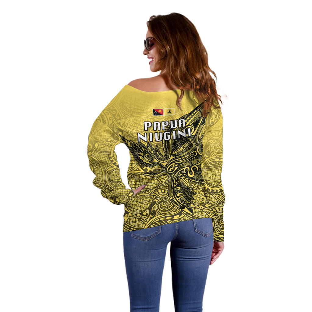 Papua New Guinea National Capital District Off Shoulder Sweater PNG Birds Of Paradise Polynesian Arty Style LT03 - Polynesian Pride
