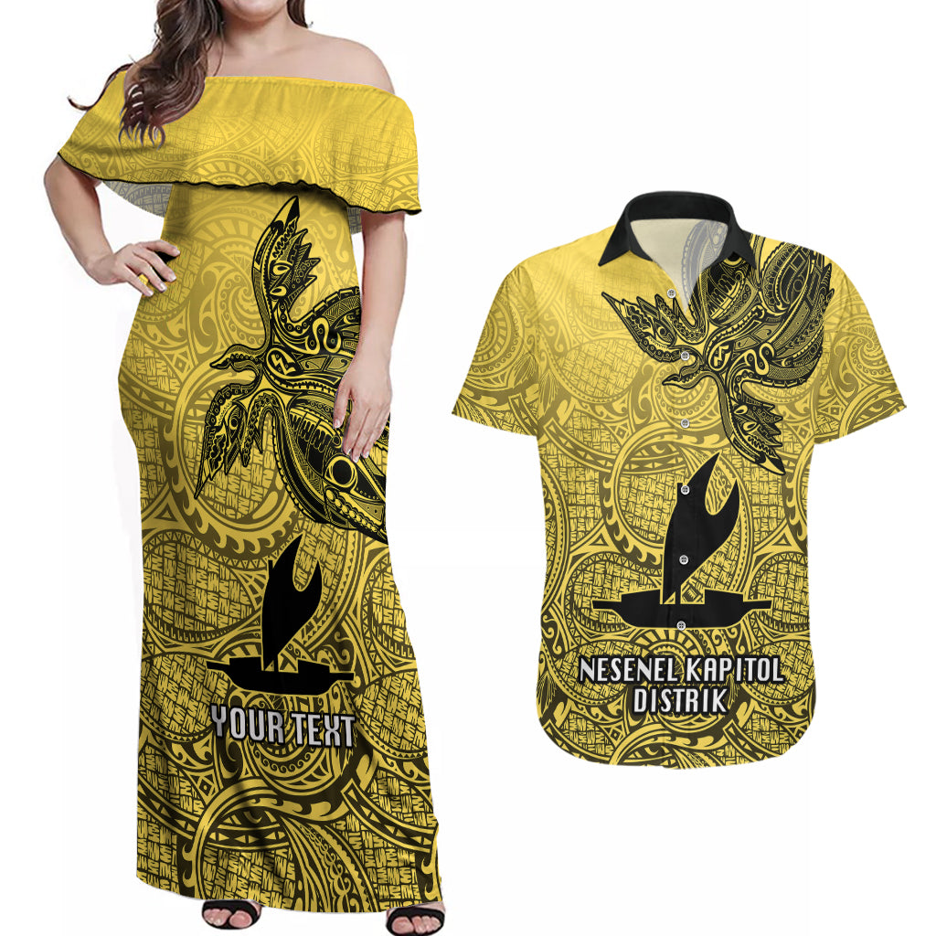 Personalised Papua New Guinea National Capital District Couples Matching Off Shoulder Maxi Dress and Hawaiian Shirt PNG Birds Of Paradise Polynesian Arty Style LT03 Yellow - Polynesian Pride