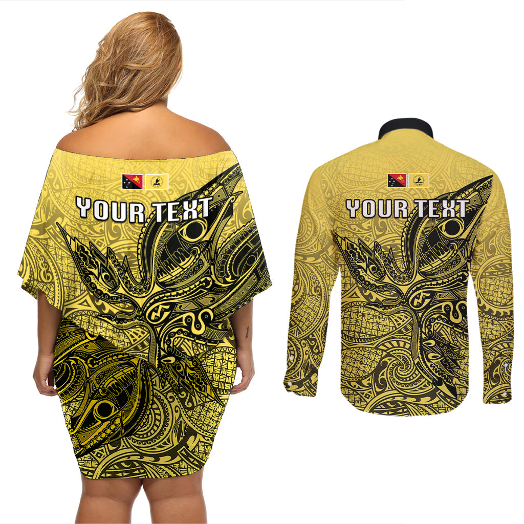 Personalised Papua New Guinea National Capital District Couples Matching Off Shoulder Short Dress and Long Sleeve Button Shirts PNG Birds Of Paradise Polynesian Arty Style LT03 - Polynesian Pride