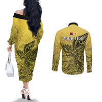 Personalised Papua New Guinea National Capital District Couples Matching Off The Shoulder Long Sleeve Dress and Long Sleeve Button Shirts PNG Birds Of Paradise Polynesian Arty Style LT03 - Polynesian Pride
