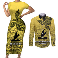 Personalised Papua New Guinea National Capital District Couples Matching Short Sleeve Bodycon Dress and Long Sleeve Button Shirts PNG Birds Of Paradise Polynesian Arty Style LT03 Yellow - Polynesian Pride