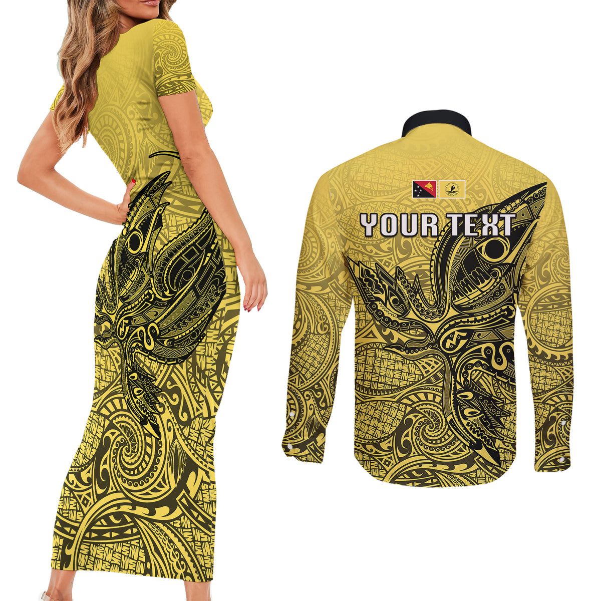 Personalised Papua New Guinea National Capital District Couples Matching Short Sleeve Bodycon Dress and Long Sleeve Button Shirts PNG Birds Of Paradise Polynesian Arty Style LT03 - Polynesian Pride